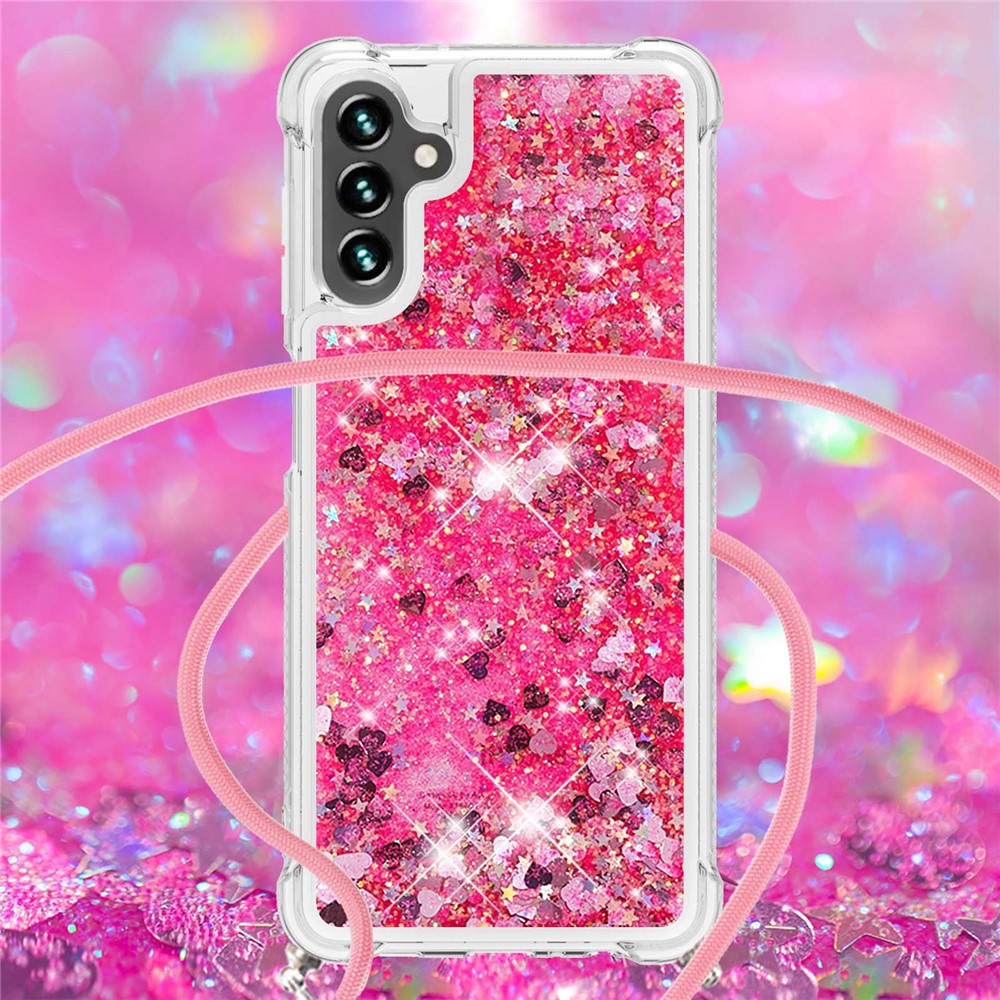 Quicksand Glitter Liquid Soft TPU Cell Phone Case with Adjustable Lanyard for Samsung Galaxy A13 5G - Pink Hearts-4