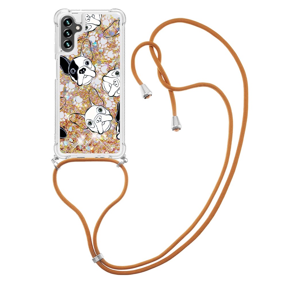 Glitter Liquid Quicksand Case Pattern Printing Soft TPU Phone Cover with Adjustable Lanyard for Samsung Galaxy A13 5G - Back/White Puppy-1