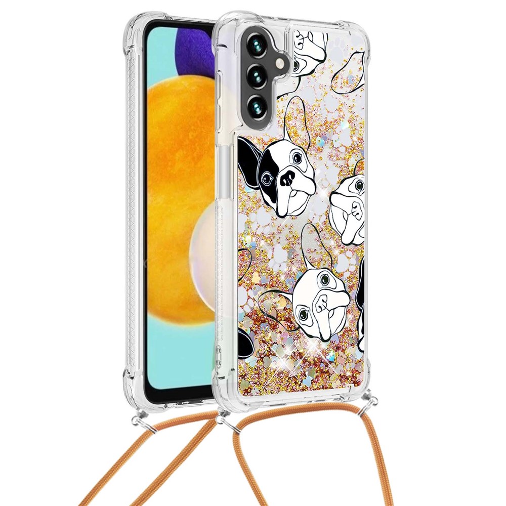 Glitter Liquid Quicksand Case Pattern Printing Soft TPU Phone Cover with Adjustable Lanyard for Samsung Galaxy A13 5G - Back/White Puppy-2