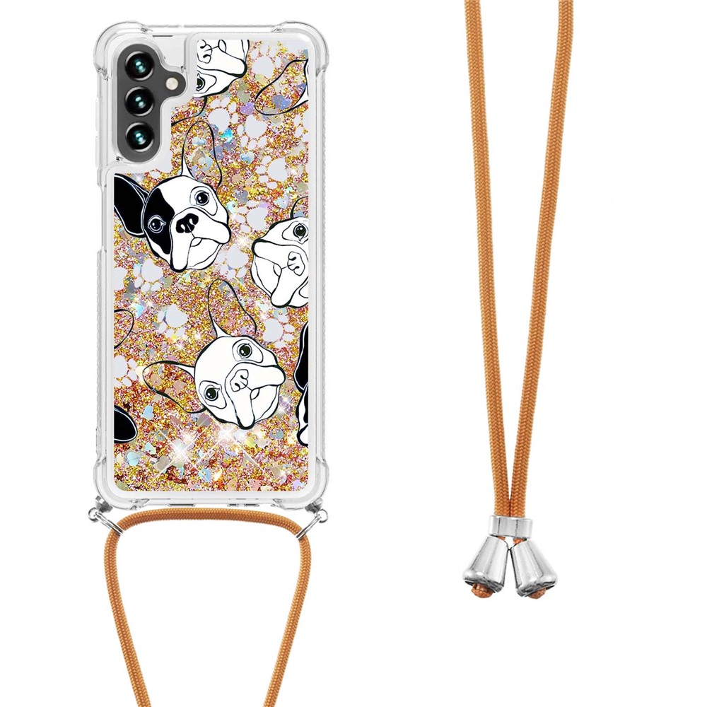 Glitter Liquid Quicksand Case Pattern Printing Soft TPU Phone Cover with Adjustable Lanyard for Samsung Galaxy A13 5G - Back/White Puppy-3