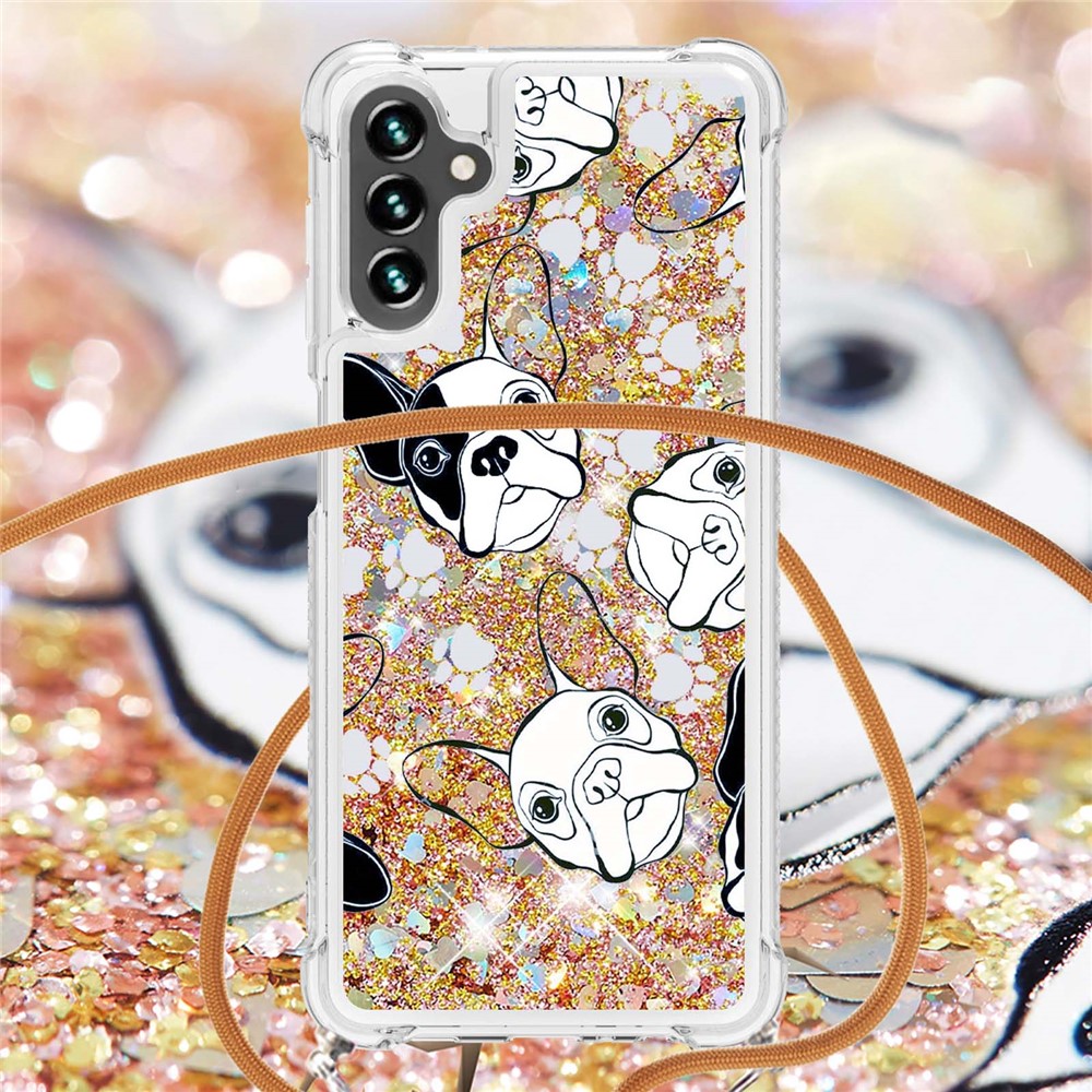 Glitter Liquid Quicksand Case Pattern Printing Soft TPU Phone Cover with Adjustable Lanyard for Samsung Galaxy A13 5G - Back/White Puppy-4