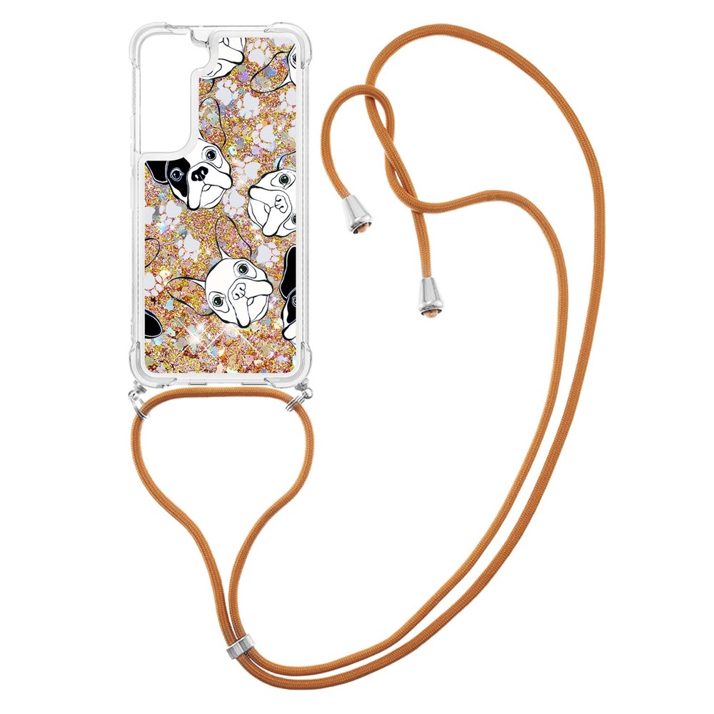 Pattern Printing Liquid Flowing Glitter Quicksand Clear TPU Phone Case with Adjustable Lanyard for Samsung Galaxy S22 - Back/White Puppy-1