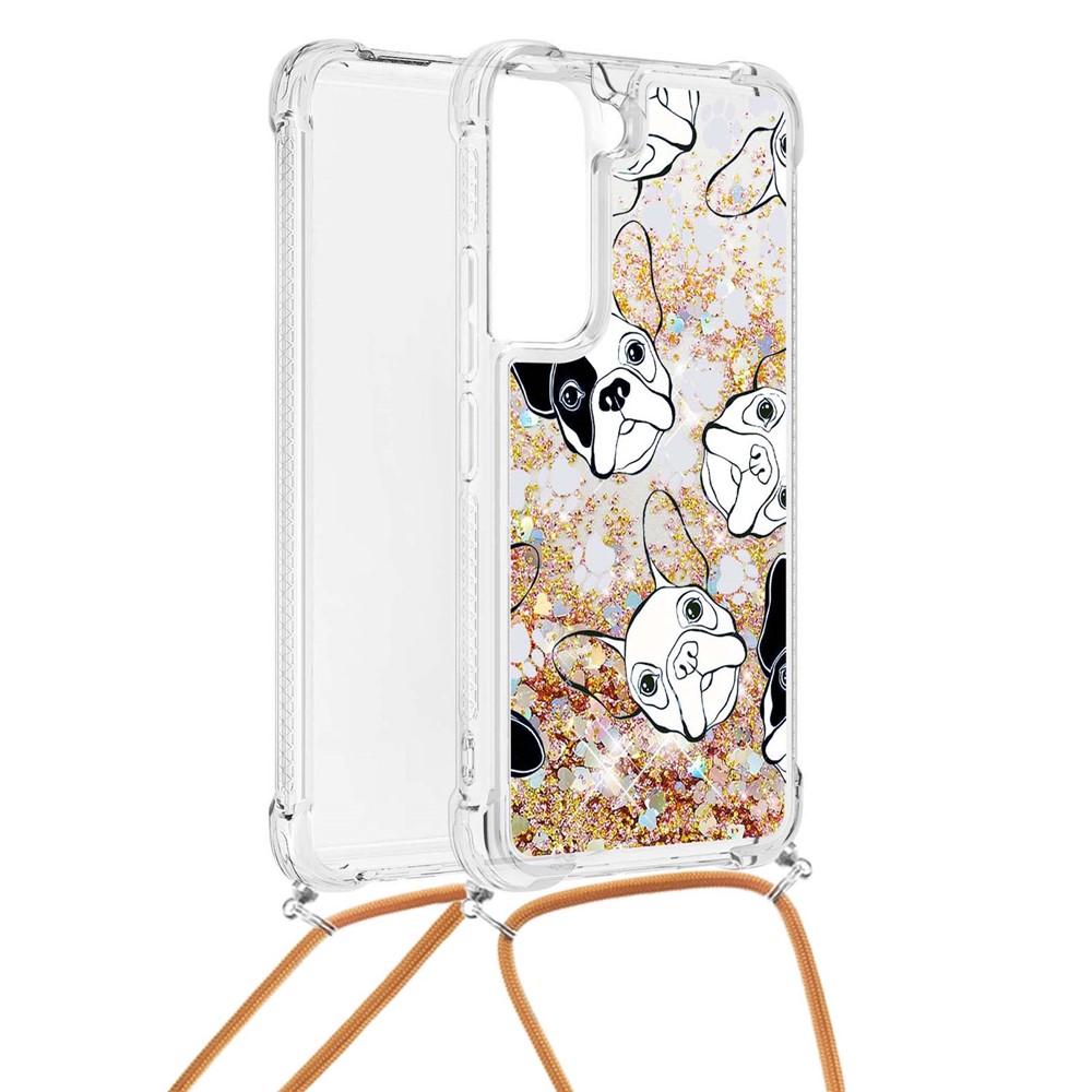 Pattern Printing Liquid Flowing Glitter Quicksand Clear TPU Phone Case with Adjustable Lanyard for Samsung Galaxy S22 - Back/White Puppy-2