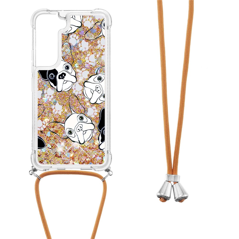 Pattern Printing Liquid Flowing Glitter Quicksand Clear TPU Phone Case with Adjustable Lanyard for Samsung Galaxy S22 - Back/White Puppy-3