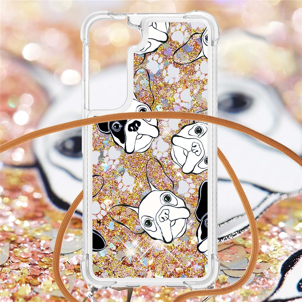 Pattern Printing Liquid Flowing Glitter Quicksand Clear TPU Phone Case with Adjustable Lanyard for Samsung Galaxy S22 - Back/White Puppy-4