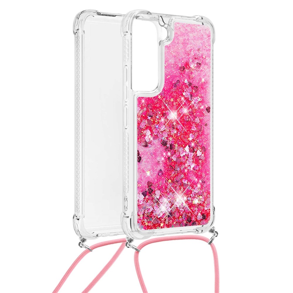 Glitter Quicksand Clear Soft TPU Phone Case with Adjustable Lanyard for Samsung Galaxy S22 - Pink Hearts-2