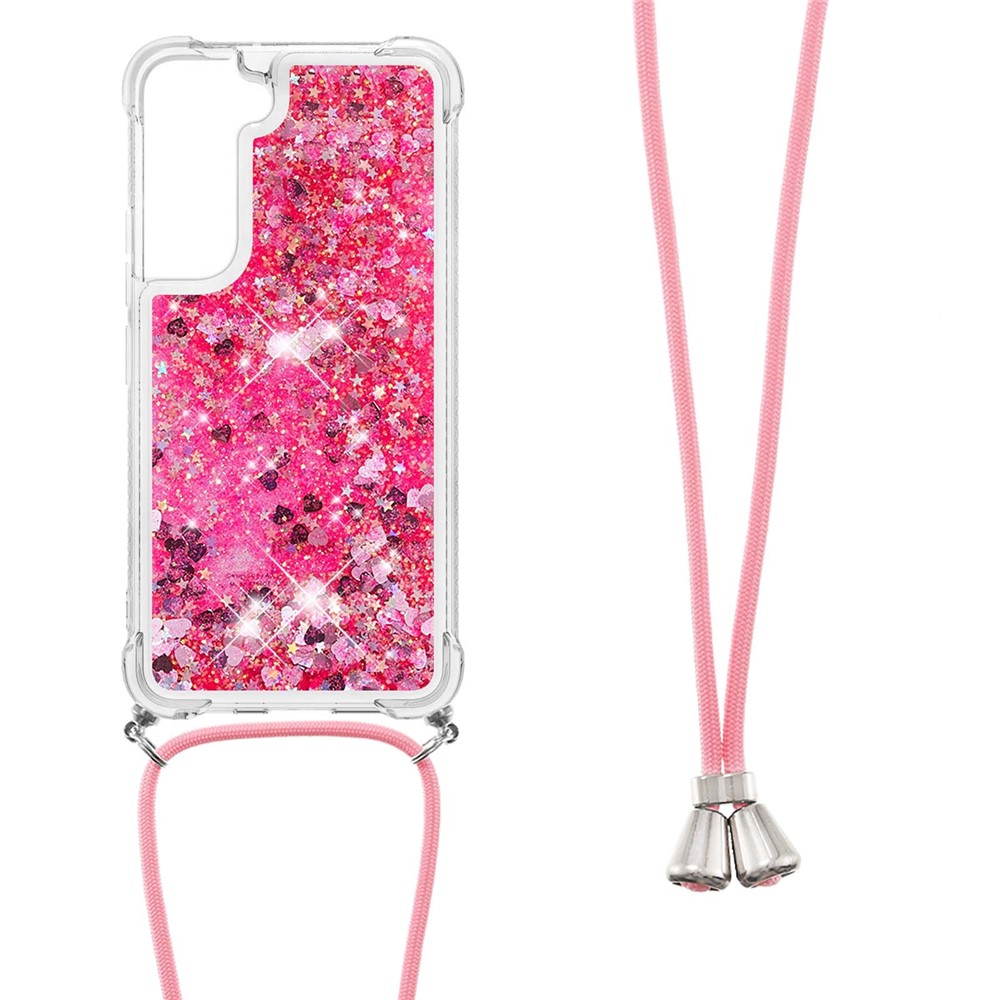 Glitter Quicksand Clear Soft TPU Phone Case with Adjustable Lanyard for Samsung Galaxy S22 - Pink Hearts-3