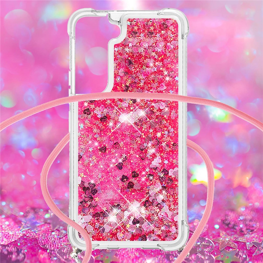 Glitter Quicksand Clear Soft TPU Phone Case with Adjustable Lanyard for Samsung Galaxy S22 - Pink Hearts-4