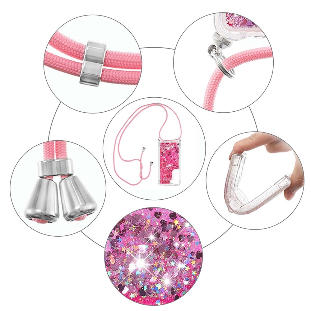 Glitter Quicksand Clear Soft TPU Phone Case with Adjustable Lanyard for Samsung Galaxy S22 - Pink Hearts-5