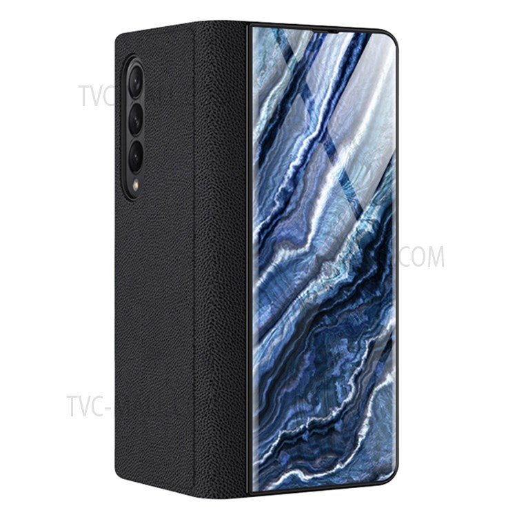 PU Leather + PC Phone Case Marble Pattern Tempered Glass Phone Protective Case for Samsung Galaxy Z Fold3 5G - Black/Marble 01-1