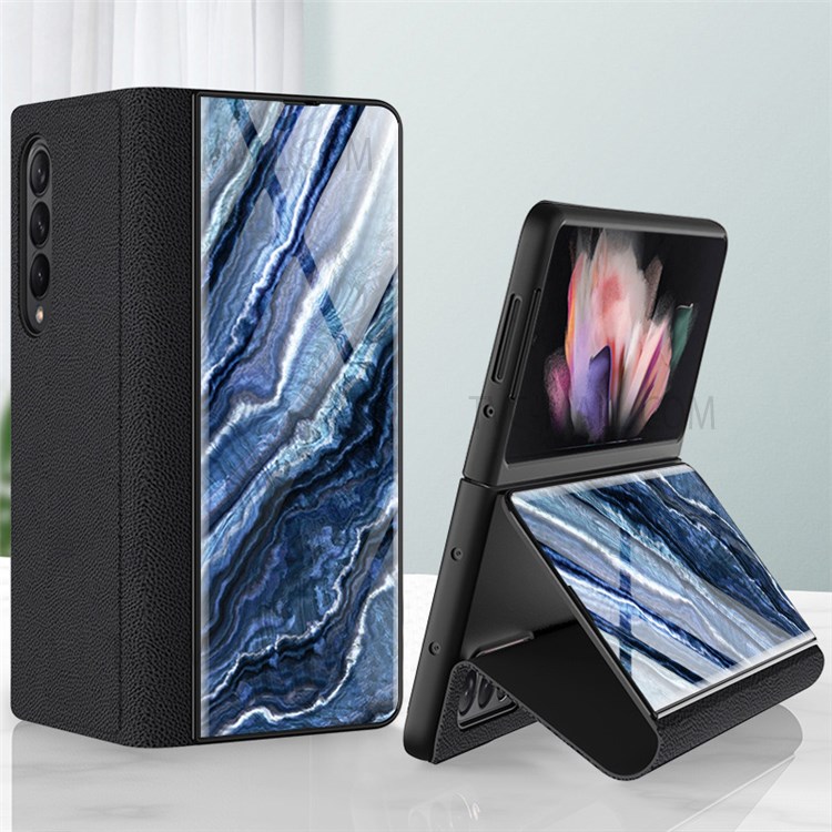 PU Leather + PC Phone Case Marble Pattern Tempered Glass Phone Protective Case for Samsung Galaxy Z Fold3 5G - Black/Marble 01-2