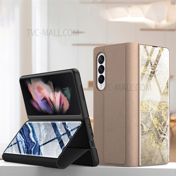 PU Leather + PC Phone Case Marble Pattern Tempered Glass Phone Protective Case for Samsung Galaxy Z Fold3 5G - Black/Marble 01-3