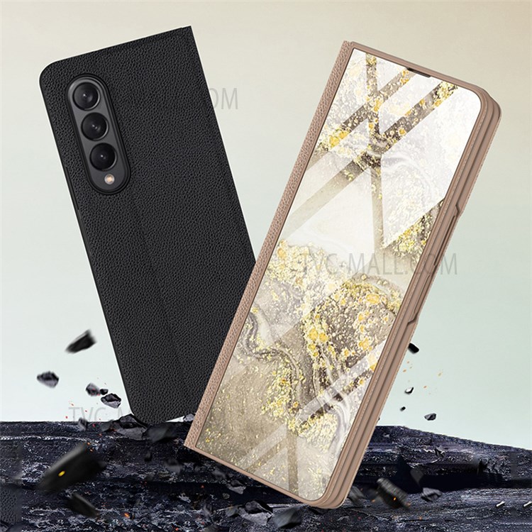 PU Leather + PC Phone Case Marble Pattern Tempered Glass Phone Protective Case for Samsung Galaxy Z Fold3 5G - Black/Marble 01-4