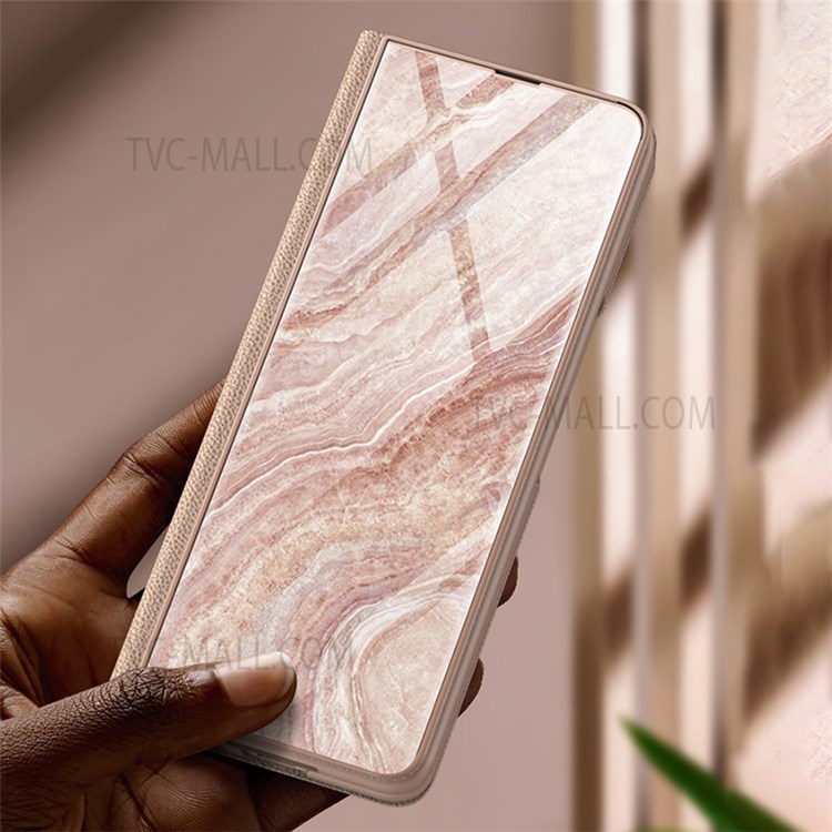 PU Leather + PC Phone Case Marble Pattern Tempered Glass Phone Protective Case for Samsung Galaxy Z Fold3 5G - Black/Marble 01-5