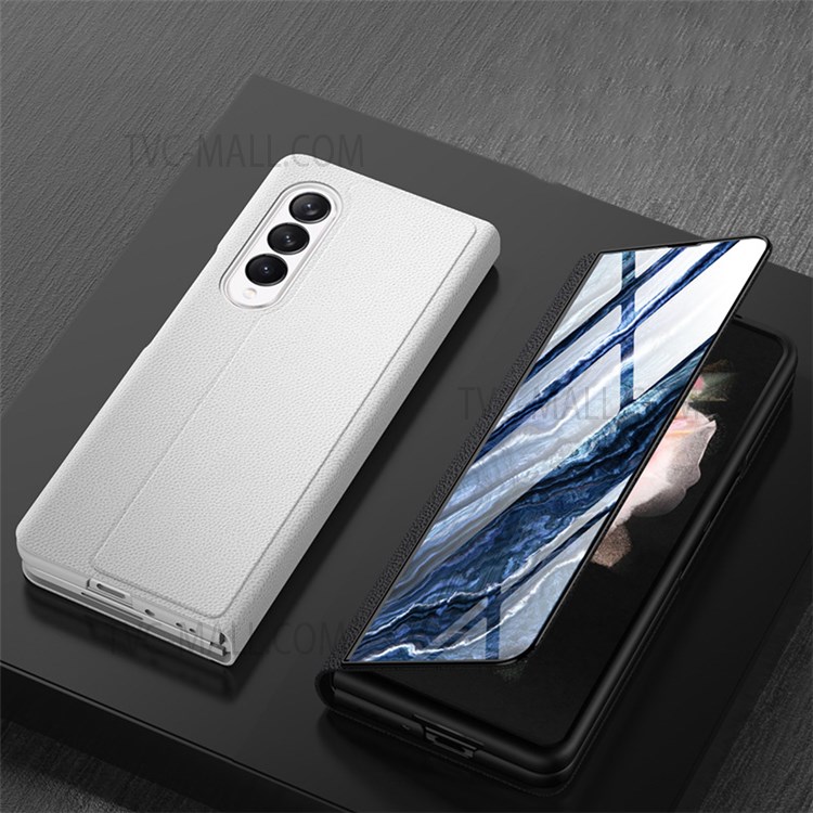 PU Leather + PC Phone Case Marble Pattern Tempered Glass Phone Protective Case for Samsung Galaxy Z Fold3 5G - Black/Marble 01-7