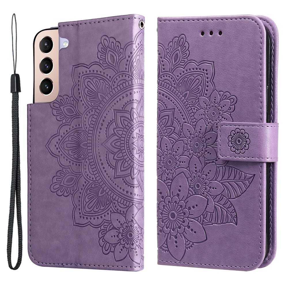 Dual-sided Clasp Well-protected Imprint Flower Pattern PU Leather Stand Wallet Cover Case with Lanyard for Samsung Galaxy S22 Pro - Purple-1