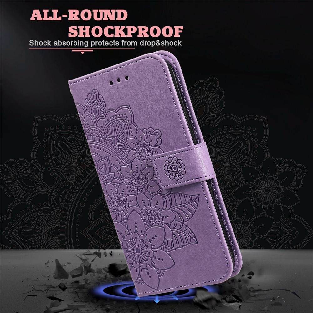 Dual-sided Clasp Well-protected Imprint Flower Pattern PU Leather Stand Wallet Cover Case with Lanyard for Samsung Galaxy S22 Pro - Purple-10