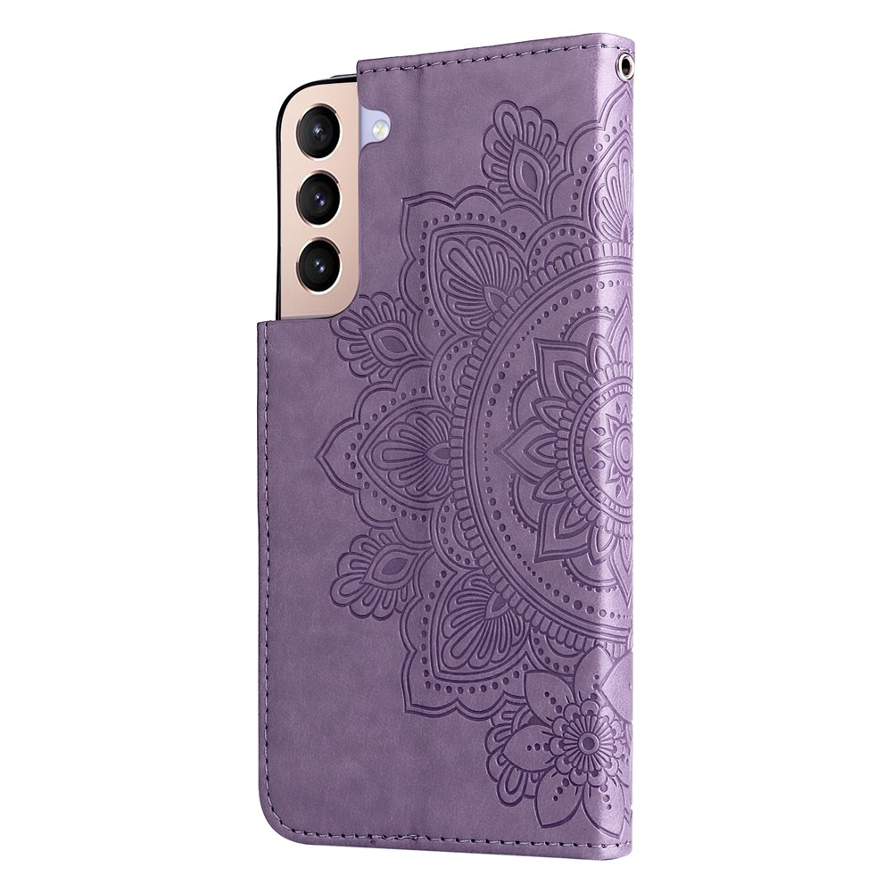Dual-sided Clasp Well-protected Imprint Flower Pattern PU Leather Stand Wallet Cover Case with Lanyard for Samsung Galaxy S22 Pro - Purple-3