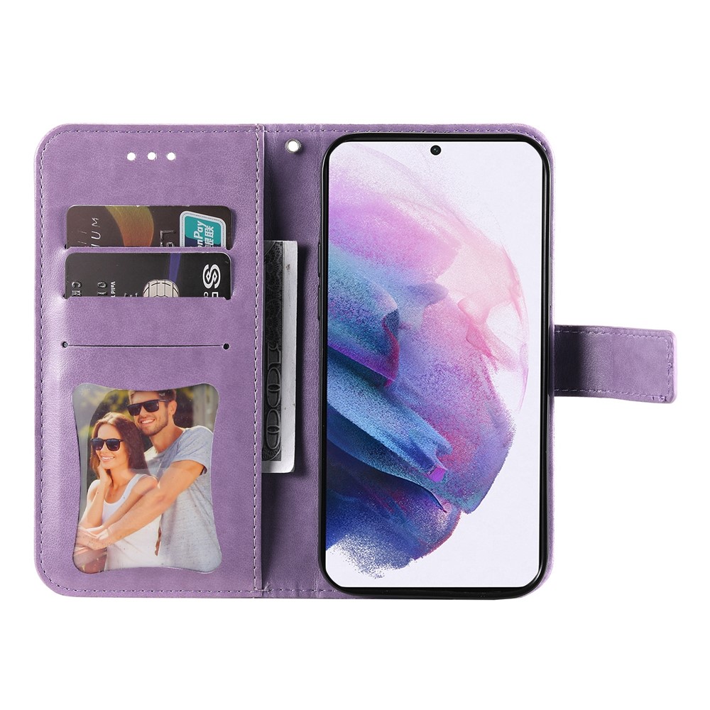 Dual-sided Clasp Well-protected Imprint Flower Pattern PU Leather Stand Wallet Cover Case with Lanyard for Samsung Galaxy S22 Pro - Purple-4