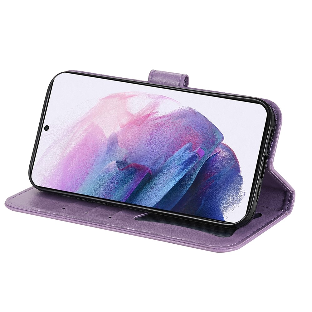 Dual-sided Clasp Well-protected Imprint Flower Pattern PU Leather Stand Wallet Cover Case with Lanyard for Samsung Galaxy S22 Pro - Purple-5