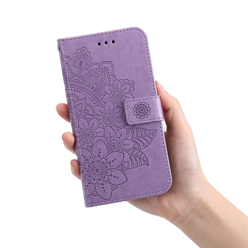 Dual-sided Clasp Well-protected Imprint Flower Pattern PU Leather Stand Wallet Cover Case with Lanyard for Samsung Galaxy S22 Pro - Purple-7