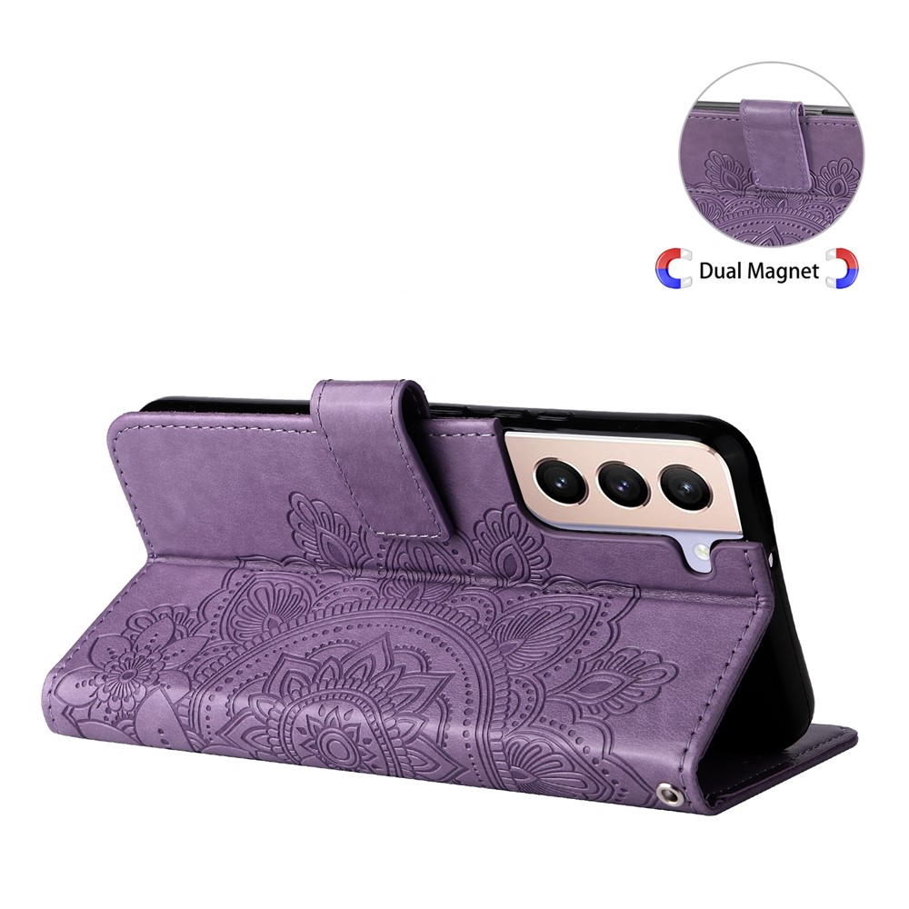 Dual-sided Clasp Well-protected Imprint Flower Pattern PU Leather Stand Wallet Cover Case with Lanyard for Samsung Galaxy S22 Pro - Purple-8
