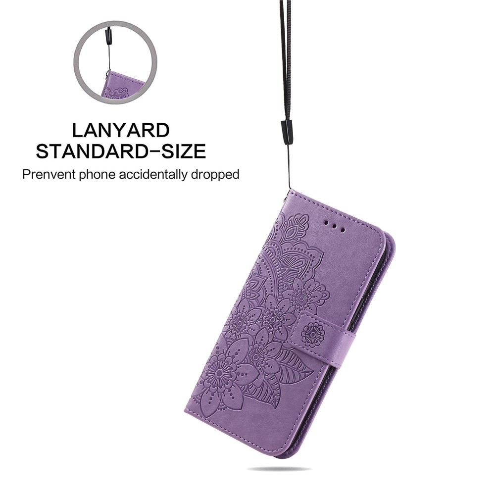 Dual-sided Clasp Well-protected Imprint Flower Pattern PU Leather Stand Wallet Cover Case with Lanyard for Samsung Galaxy S22 Pro - Purple-9