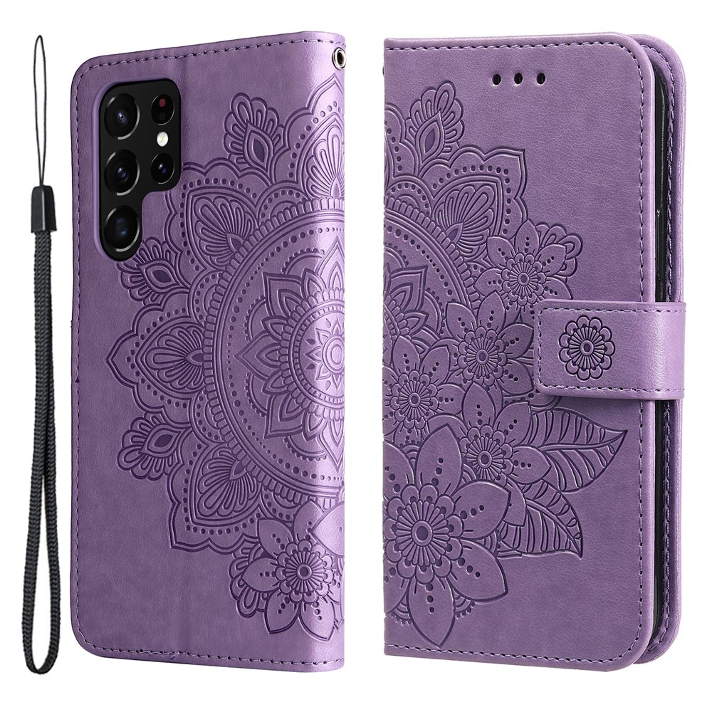Dual-sided Clasp Phone Case Imprint Flower Pattern PU Leather Stand Wallet Flip Shell with Lanyard for Samsung Galaxy S22 Ultra - Purple-1