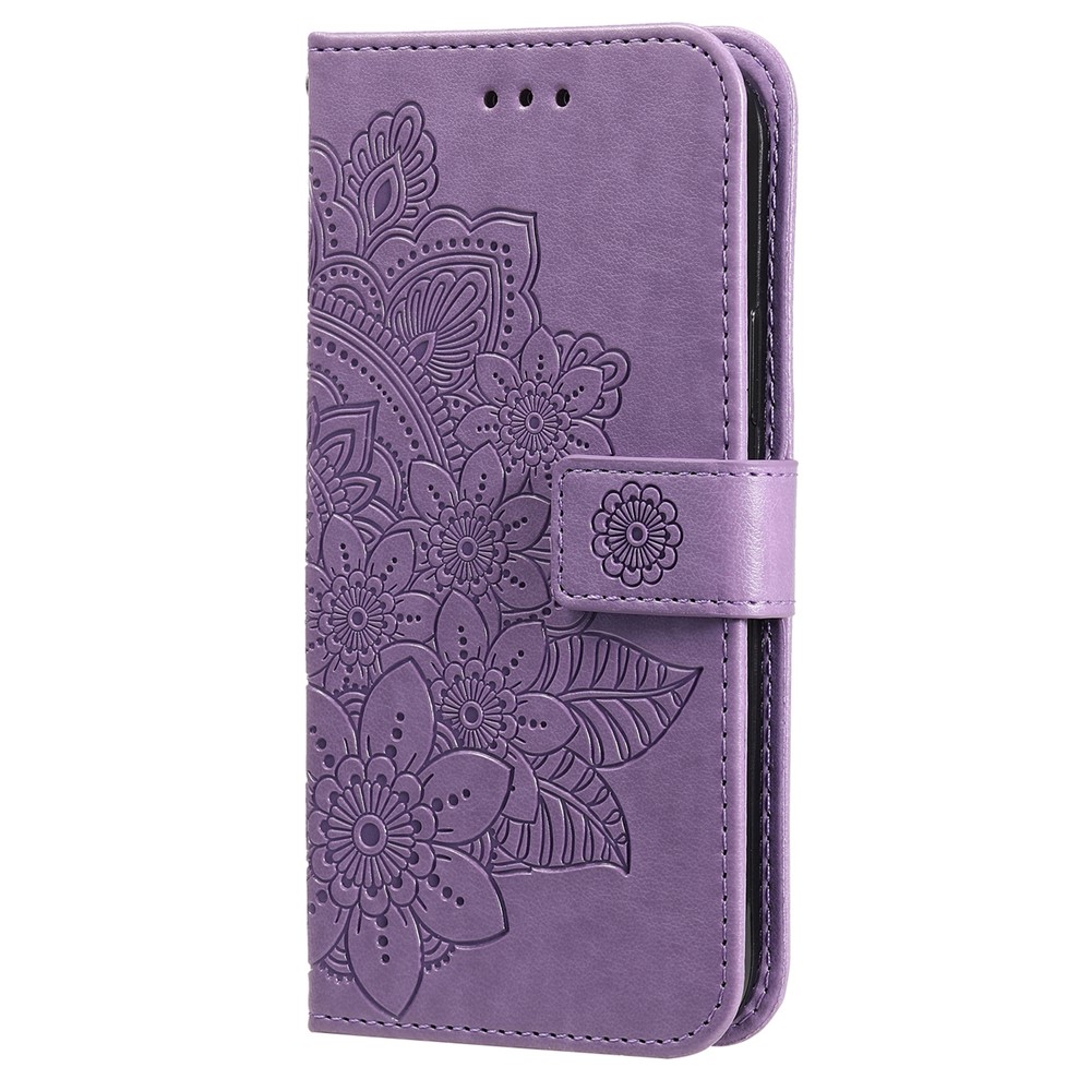 Dual-sided Clasp Phone Case Imprint Flower Pattern PU Leather Stand Wallet Flip Shell with Lanyard for Samsung Galaxy S22 Ultra - Purple-2