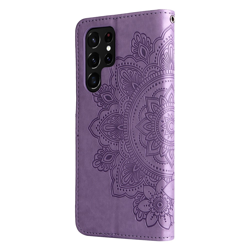 Dual-sided Clasp Phone Case Imprint Flower Pattern PU Leather Stand Wallet Flip Shell with Lanyard for Samsung Galaxy S22 Ultra - Purple-3