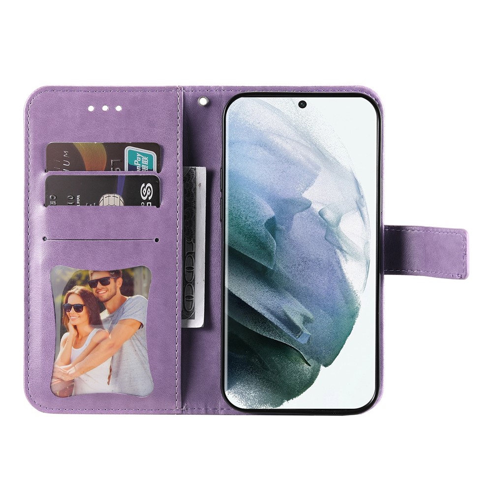 Dual-sided Clasp Phone Case Imprint Flower Pattern PU Leather Stand Wallet Flip Shell with Lanyard for Samsung Galaxy S22 Ultra - Purple-4