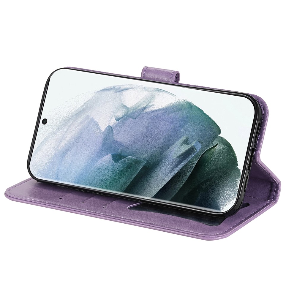 Dual-sided Clasp Phone Case Imprint Flower Pattern PU Leather Stand Wallet Flip Shell with Lanyard for Samsung Galaxy S22 Ultra - Purple-5