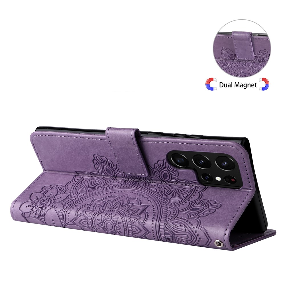 Dual-sided Clasp Phone Case Imprint Flower Pattern PU Leather Stand Wallet Flip Shell with Lanyard for Samsung Galaxy S22 Ultra - Purple-8
