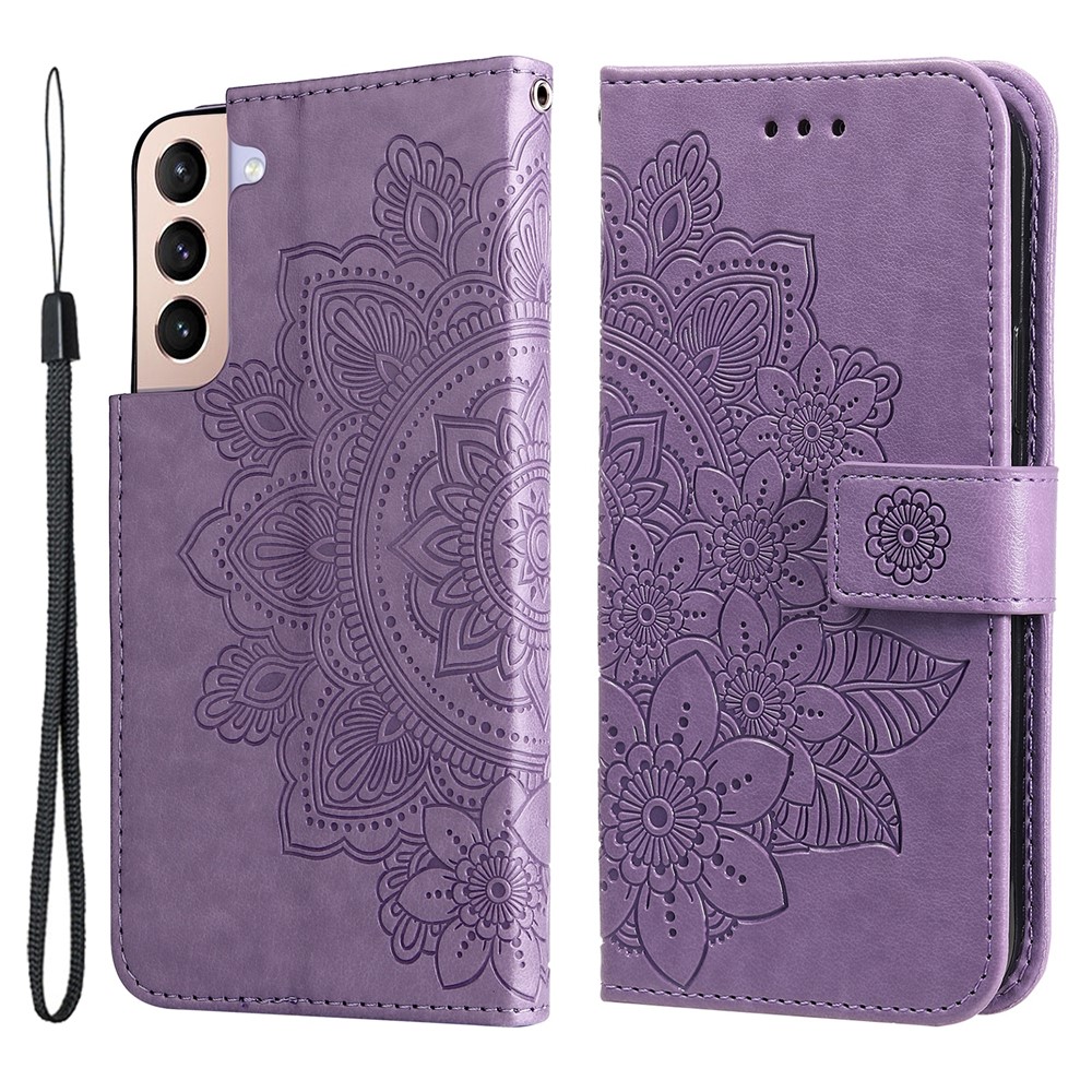 Stylish Phone Case Imprint Flower Pattern PU Leather Stand Wallet Flip Protective Shell with Strap for Samsung Galaxy S22 - Purple-1