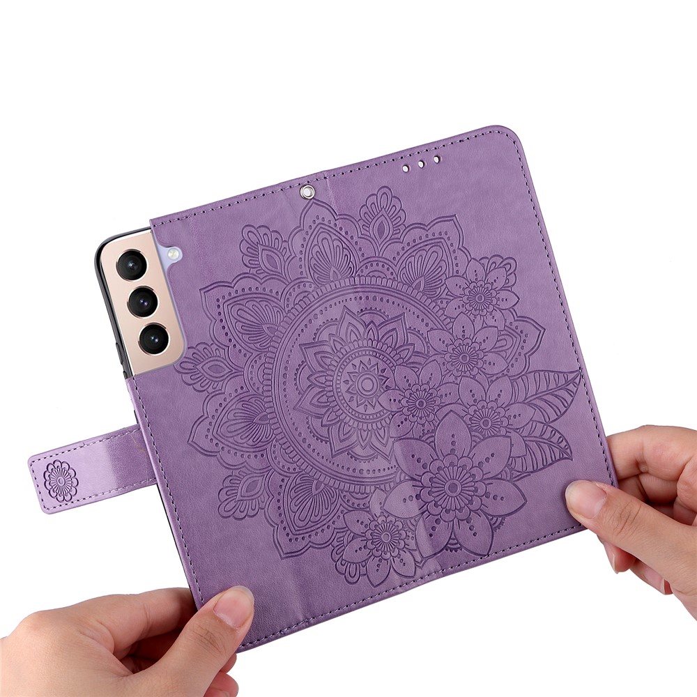 Stylish Phone Case Imprint Flower Pattern PU Leather Stand Wallet Flip Protective Shell with Strap for Samsung Galaxy S22 - Purple-6