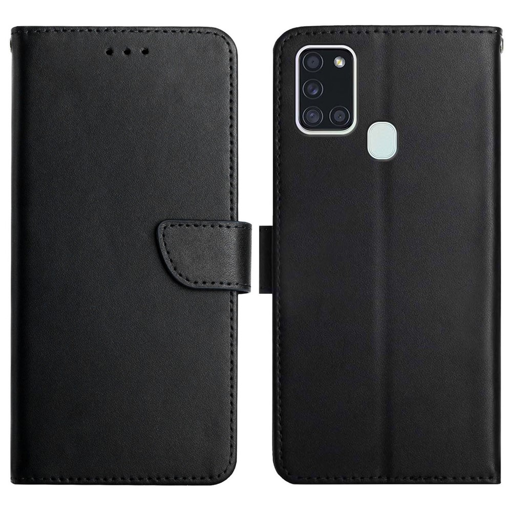 Nappa Texture Case Magnetic Clasp Collision Proof Wallet Genuine Leather Phone Case with Stand for Samsung Galaxy A21s - Black-1