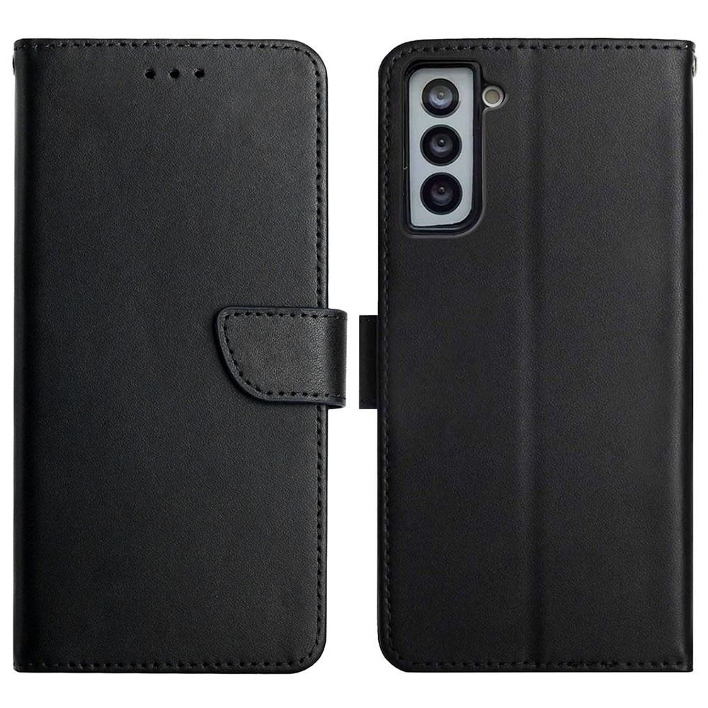 Lightweight Nappa Texture Splashproof Flip Cover Genuine Leather Wallet Stand Good Protective Phone Case for Samsung Galaxy S21 FE 5G - Black-1
