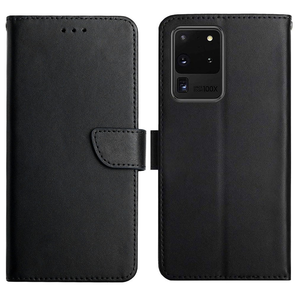 Solid Color Nappa Texture Case Wallet Genuine Leather Fingerprint-proof Scratch-proof Phone Cover with Stand for Samsung Galaxy S20 Ultra - Black-1