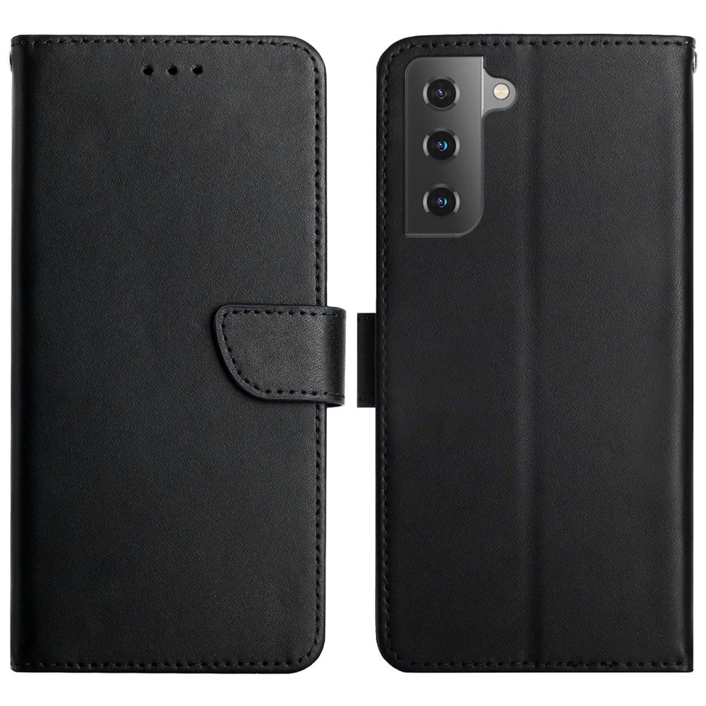 Solid Color Nappa Texture Case Wallet Genuine Leather Drop-proof Phone Shell Case with Stand for Samsung Galaxy S22 Plus - Black-1
