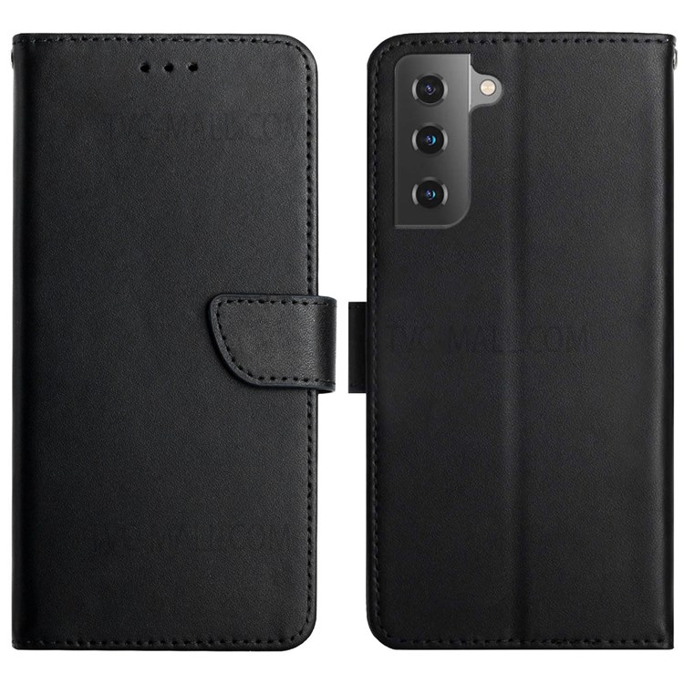 Nappa Texture Case Wallet Anti-drop Genuine Leather Protective Phone Cover Case with Stand for Samsung Galaxy S22 - Black-1