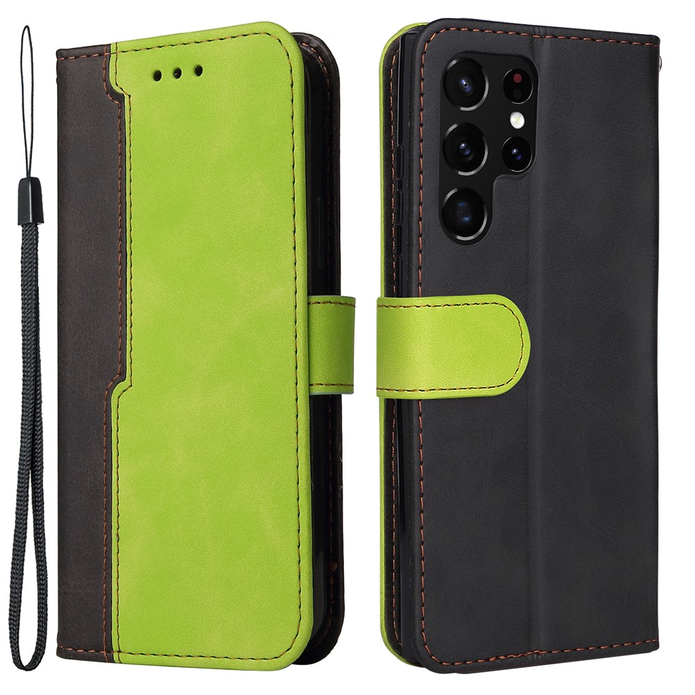 Business Style Splicing Dual-color Full Protection Wallet Design Phone Case with Stand for Samsung Galaxy S22 Ultra - Green-1