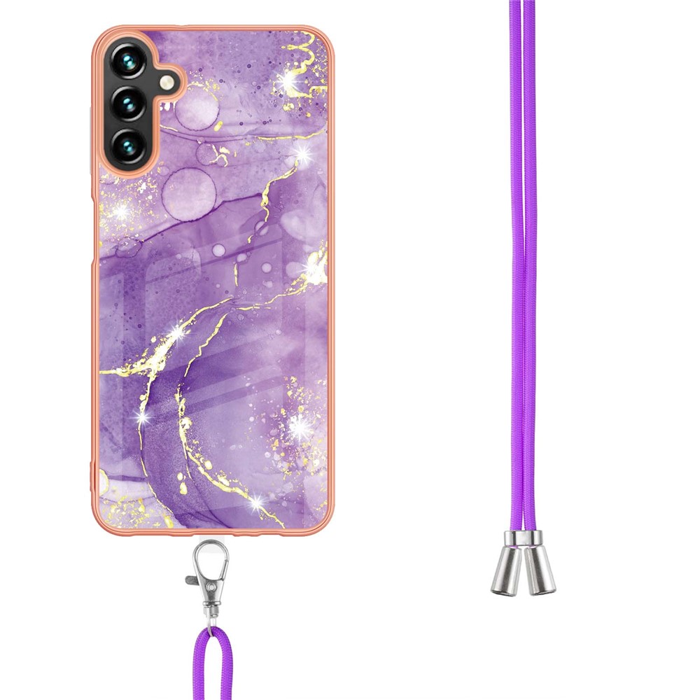 For Samsung Galaxy A13 5G Bumper-proof Shoulder Strap Design IML IMD Marble Pattern Electroplating Frame TPU Phone Case - Purple 002-3