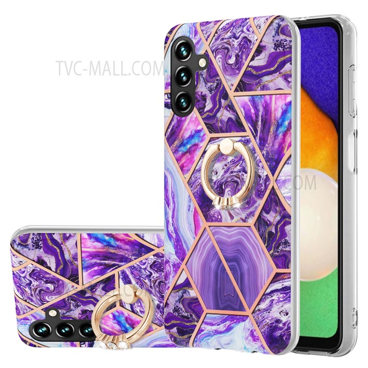 For Samsung Galaxy A13 5G Electroplate Edge 2.0mm IMD Drop-proof Soft TPU Marble Style Protective Phone Cover with Ring Kickstand - Dark Purple-1