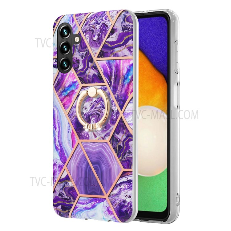 For Samsung Galaxy A13 5G Electroplate Edge 2.0mm IMD Drop-proof Soft TPU Marble Style Protective Phone Cover with Ring Kickstand - Dark Purple-2