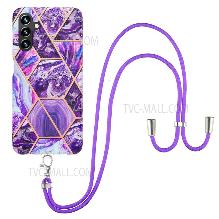 2.0mm Splicing Pattern Design Thick Marble Ultra Slim Double-sided IMD Electroplating Anti-shock TPU Cover with Strap for Samsung Galaxy A13 5G - Purple-1