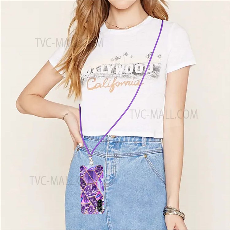 2.0mm Splicing Pattern Design Thick Marble Ultra Slim Double-sided IMD Electroplating Anti-shock TPU Cover with Strap for Samsung Galaxy A13 5G - Purple-4