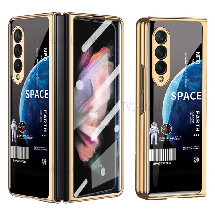 Space Pattern Printing Anti-Scratch PC All-in-One Case with 9H Tempered Glass Screen Protector for Samsung Galaxy Z Fold3 5G / W22 - Blue-1