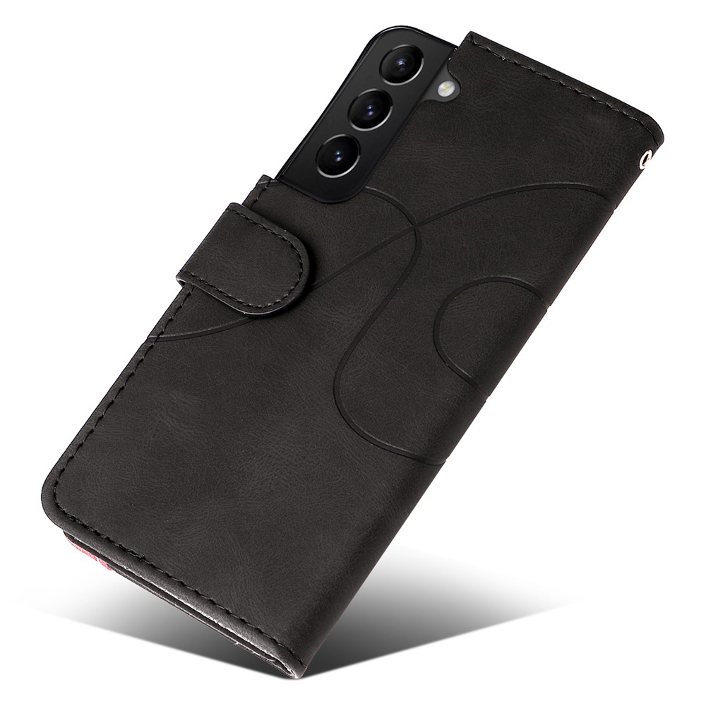 Anti-scratch Dual-color Splicing Style Flip Shell PU Leather Wrist Strap Phone Case with Wallet and Stand for Samsung Galaxy S22 - Black-10