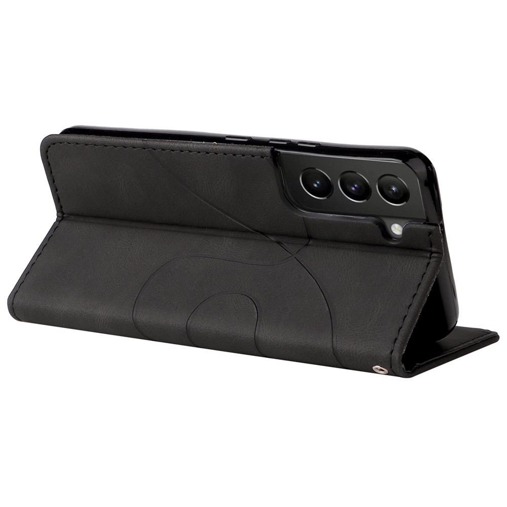Anti-scratch Dual-color Splicing Style Flip Shell PU Leather Wrist Strap Phone Case with Wallet and Stand for Samsung Galaxy S22 - Black-6