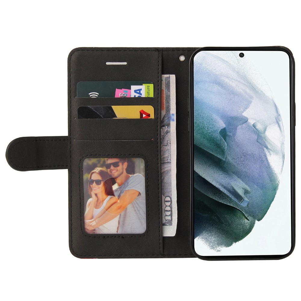 Anti-scratch Dual-color Splicing Style Flip Shell PU Leather Wrist Strap Phone Case with Wallet and Stand for Samsung Galaxy S22 - Black-7